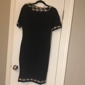 Black sheath dress with plaid trim